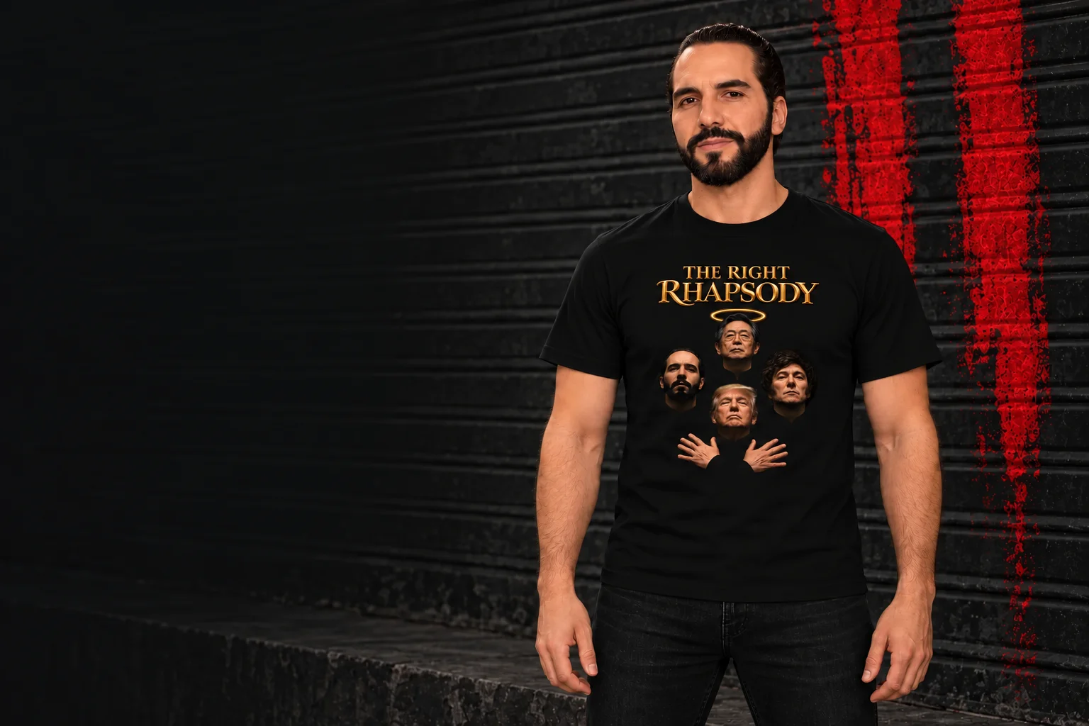 Composición digital: Nayib Bukele de pie, vistiendo el polo Bohemian Peruana de mangas ligeramente sueltas