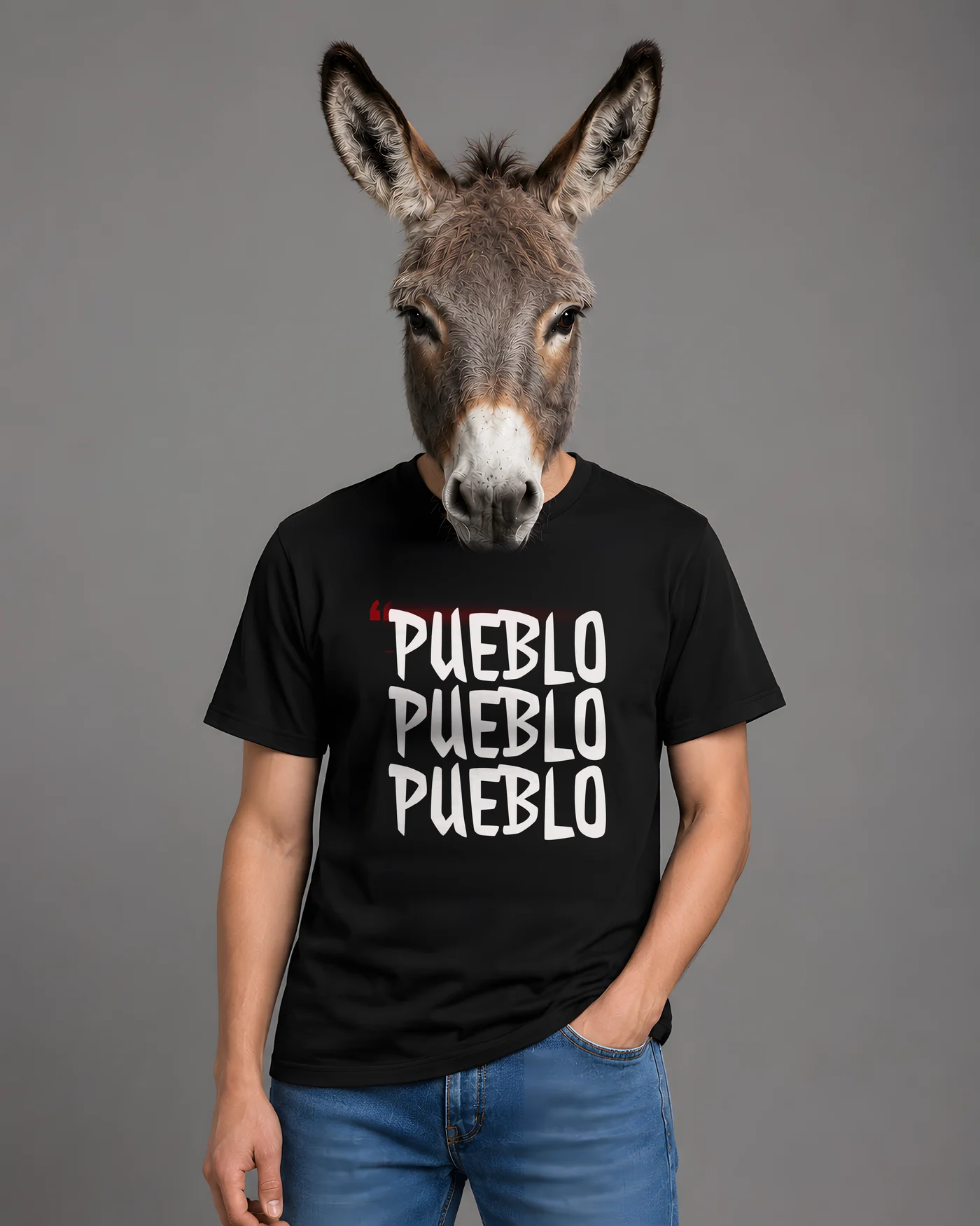Modelo con cabeza de burro luciendo un polo negro de DERECHOSO