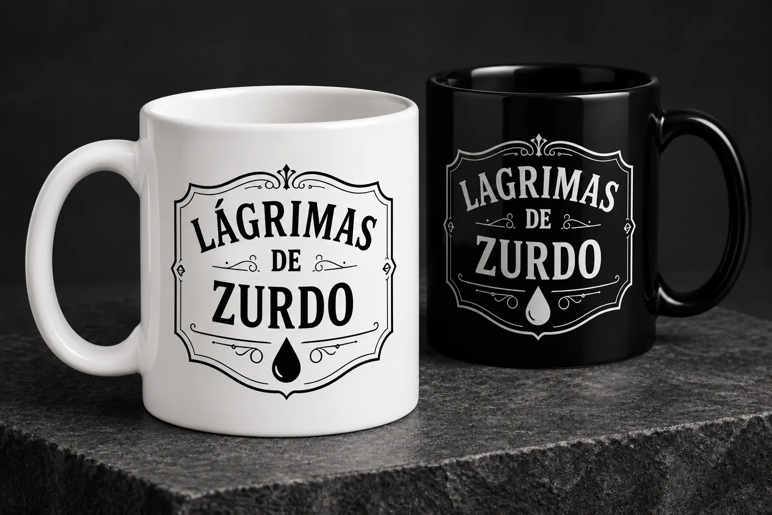 Tazas Lágrimas de zurdo blanca y negra, con el estampado ornamental en negro y blanco